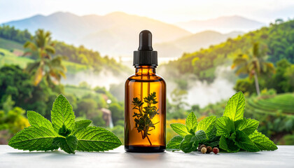 Amber glass dropper bottles and mint leaves, peppermint oil in a bottle with a pipette
