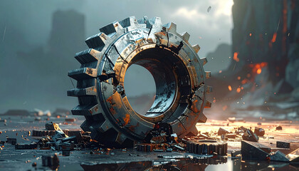 Complex mechanism is generating energy with lightning sparks and rotating gears