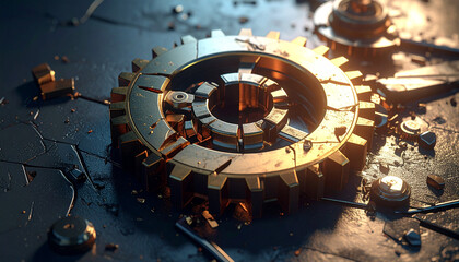 Complex mechanism is generating energy with lightning sparks and rotating gears