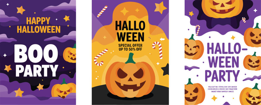 Set of three Halloween party posters with spooky pumpkins, candy elements, festive promotional designs, boo party templates, seasonal celebration artwork