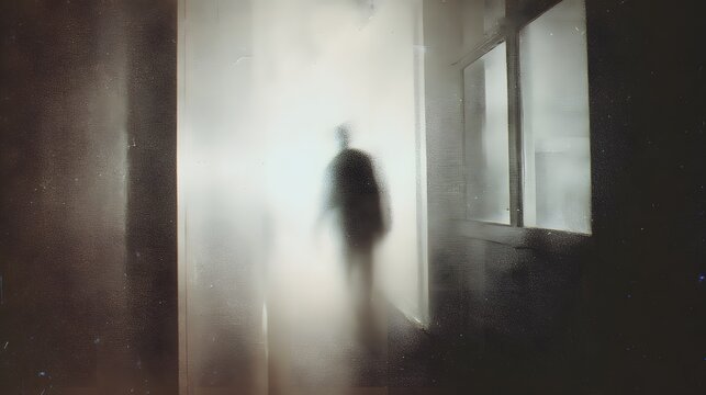 Mysterious blurry ghostly figure appearing in dark eerie hallway atmosphere