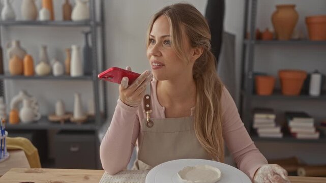 Woman with clay smeared hands holds smartphone to mouth recording voice message in indoor ceramics studio; passion creativity.
