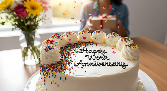 White cake with Happy Work Anniversary text and colorful sprinkles frosting
