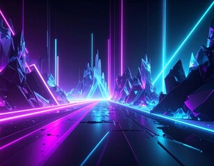 A futuristic cityscape, neon lights accentuating crystal-like structures along a central pathway, creating a vibrant, stylized landscape