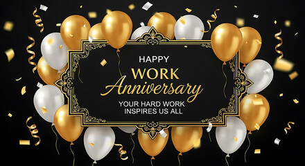 Golden and white balloons with confetti and ornate frame for work anniversary celebration happy