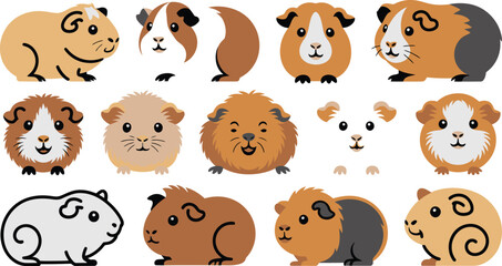Fototapeta premium Cartoon Guinea Pigs Cute Colorful Rodents Illustration, Isolated Adorable Pets on White