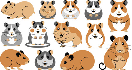 Obraz premium Cartoon Hamsters in Various Poses, Featuring Different Colors and Expressions on a White Background