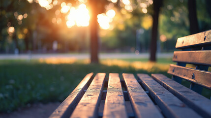 Serene park bench bathed in golden sunlight invites peaceful relaxation and quiet contemplation outdoors