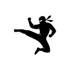 Ninja silhouette in a dynamic action pose, minimalistic vector style on a white background
