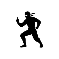 Ninja silhouette in a dynamic action pose, minimalistic vector style on a white background