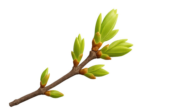 New spring growth emerging on a tree branch, fresh green leaves bursting from buds, signaling a vibrant season beginning