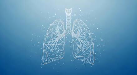 White wireframe lungs and trachea on blue gradient background with particles respiratory system