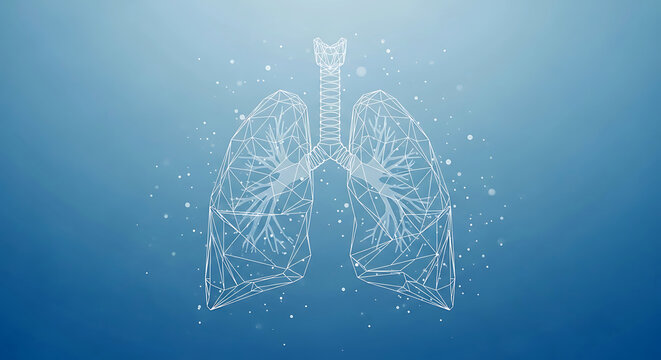 White wireframe lungs and trachea on blue gradient background with particles respiratory system