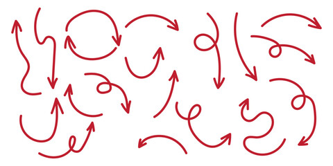 set of hand drawn arrows in sketch style. Includes different directions, curved lines, and doodle style symbols.