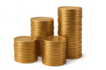 Gold coins forming growing stacks, visualizing financial growth, banking, and investment concepts on a transparent background