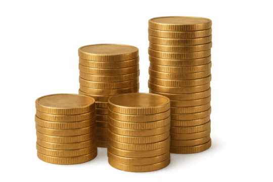 Gold coins forming growing stacks, visualizing financial growth, banking, and investment concepts on a transparent background