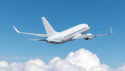 White airplane flying against a blue sky above the clouds. Passenger jet aircraft Boeing 737 in a rear corner view angle. Modern jet plane with two jet engines.