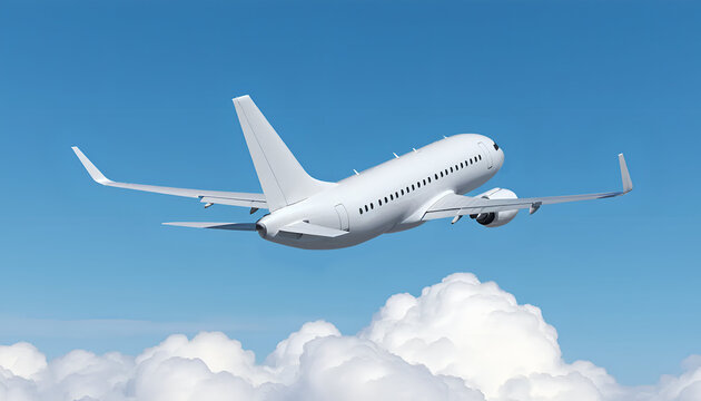 White airplane flying against a blue sky above the clouds. Passenger jet aircraft Boeing 737 in a rear corner view angle. Modern jet plane with two jet engines.