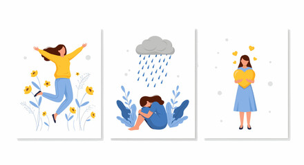 Three panels showing emotional states joy, sadness, and love, isolated on