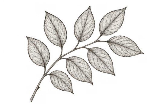 Botanical branch with multiple leaves, detailed hand-drawn sketch in monochrome pencil style, transparent background