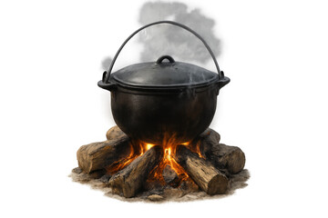 Cast iron pot boiling food over campfire, creating steam for outdoor cooking, camping, or survival with transparent background