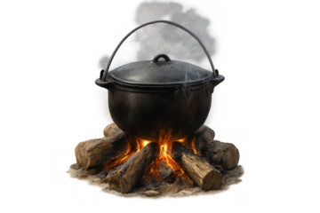 Cast iron pot boiling food over campfire, creating steam for outdoor cooking, camping, or survival with transparent background