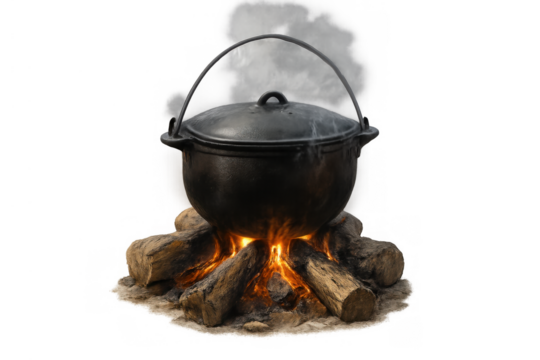Cast iron pot boiling food over campfire, creating steam for outdoor cooking, camping, or survival with transparent background