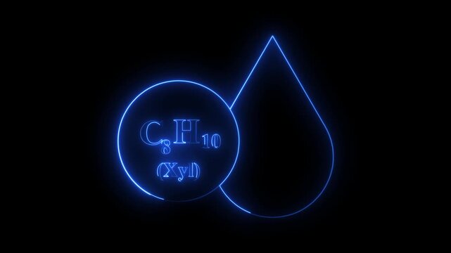 A glowing neon illustration featuring the chemical formula C₈H₁₀ (Xyl) with a droplet symbol, representing xylene.The futuristic design highlights chemistry, science, and molecular visualization in a 