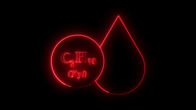 A glowing neon illustration featuring the chemical formula C₈H₁₀ (Xyl) with a droplet symbol, representing xylene.The futuristic design highlights chemistry, science, and molecular visualization in a 