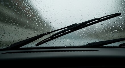 Rainy Car Windshield with Water Droplets and Wipers During Stormy Weather