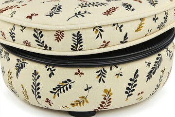oval-shaped travel suitcase with floral pattern in beige and black fabric, top view, detailed edging for stylish travel storage and luggage organization