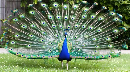 Obraz premium Colorful Peacock Displaying Full Fanned Tail in Garden