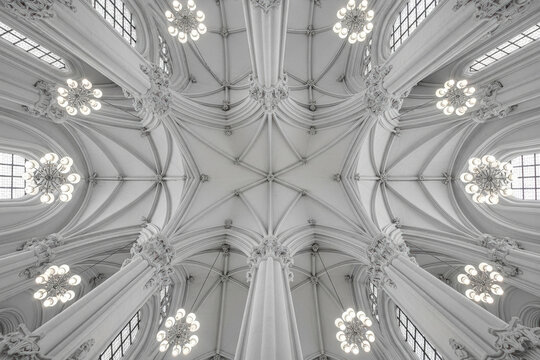 Wide angle shot of ornate vaulted white ceiling of a grand hall