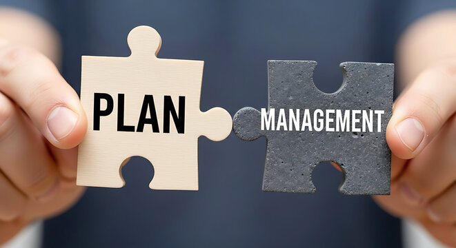 Two hands holding puzzle pieces with words P L A N and M A N A G E M E N T plan management