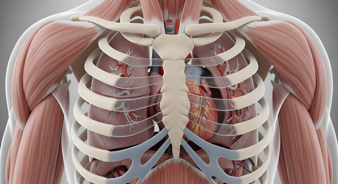 Human Torso Anatomy with Rib Cage, Muscles and Internal Organs