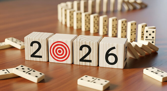 Wooden blocks with numbers 2026 and dominoes on a wooden surface image