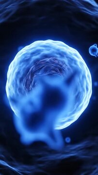 A glowing, blue cell with internal structures floats in a dark, watery environment