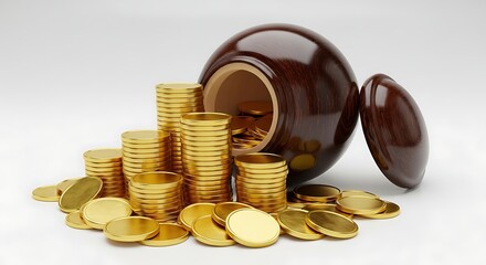 Golden Treasure - Coins Overflowing from a Dark Wooden Pot.