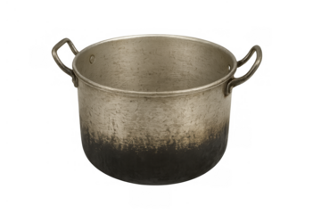 Old metal cooking pot on transparent background. Used aluminum kitchenware showing burnt residue and wear from cooking