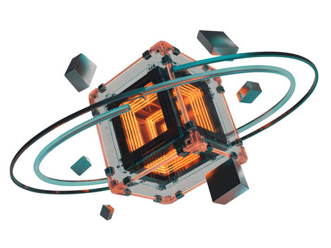 Abstract glowing cube structure with orbiting rings and floating geometric shapes isolated on transparent background