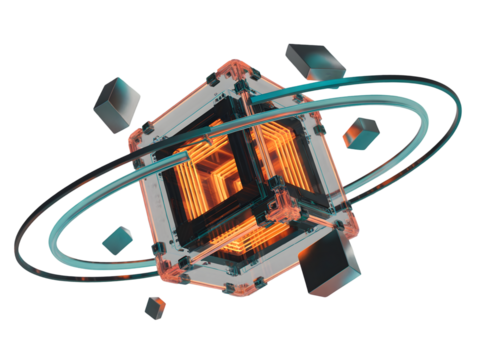 Abstract glowing cube structure with orbiting rings and floating geometric shapes isolated on transparent background - Powered by Adobe