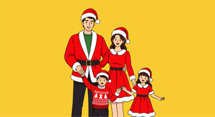 Obraz premium Flat vector illustration of a happy family wearing party dresses and Santa hats posing cheerfully on a bright background, ideal for Christmas marketing, holiday invitations, or seasonal promotions.