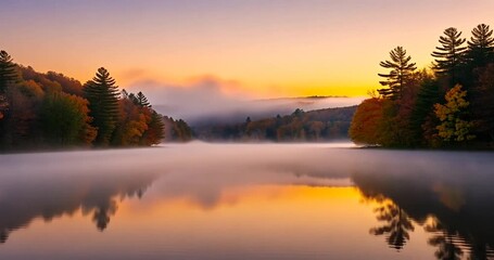 Serene autumn landscape with mist over a calm lake, vibrant foliage reflecting at sunrise - Powered by Adobe
