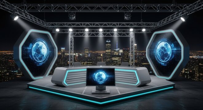 Futuristic news studio with large screens displaying earth, city lights in background, modern broadcast set