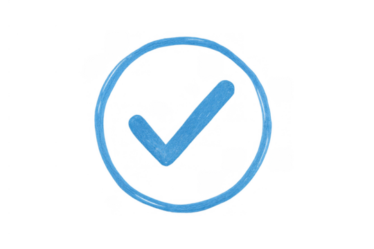 Check mark blue rounded symbol representing approval, verification, success, and completion on transparent background