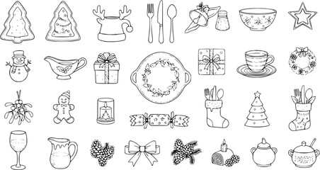 Hand-Drawn Christmas and Winter Holiday Doodle Set with Food, Tableware, Decorations, and Gifts - Outline Sketch Icons for Festive Season Design