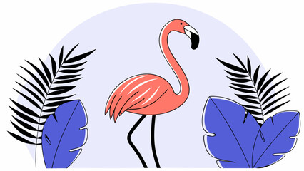 Illustration of a pink flamingo standing among blue leaves and black palm fronds on light background on transparent background silhouette