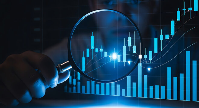 Hand holding magnifying glass over blue stock market trading chart analysis analyze