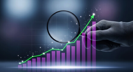 Hand in glove examines rising green graph over purple bar chart magnifying glass