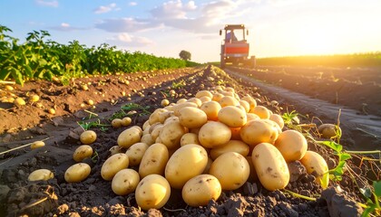 Potatoes piled on a field path, sunset